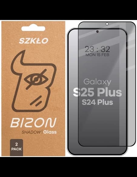 Prywatyzujące szkło hartowane Bizon Glass Edge Shadow Duo do Samsung Galaxy S25+ Plus / S24+ Plus przyciemniane z czarną ramką [2 PACK]