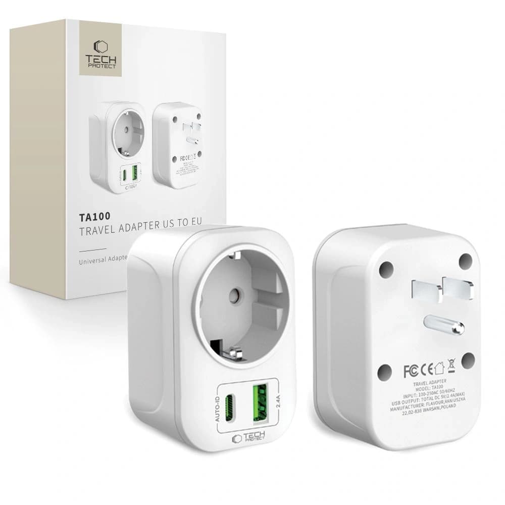 Adaptor de călătorie Tech-Protect TA100 US / EU Alb - 1