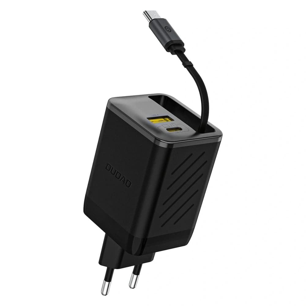 Dudao A67EU GaN 67W nástěnná nabíječka s vestavěným zatahovacím USB-C kabelem Power Delivery Quick Charge černá - 1
