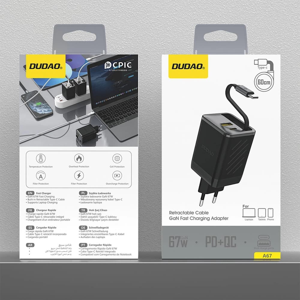 Dudao A67EU GaN 67W nástěnná nabíječka s vestavěným zatahovacím USB-C kabelem Power Delivery Quick Charge černá - 9