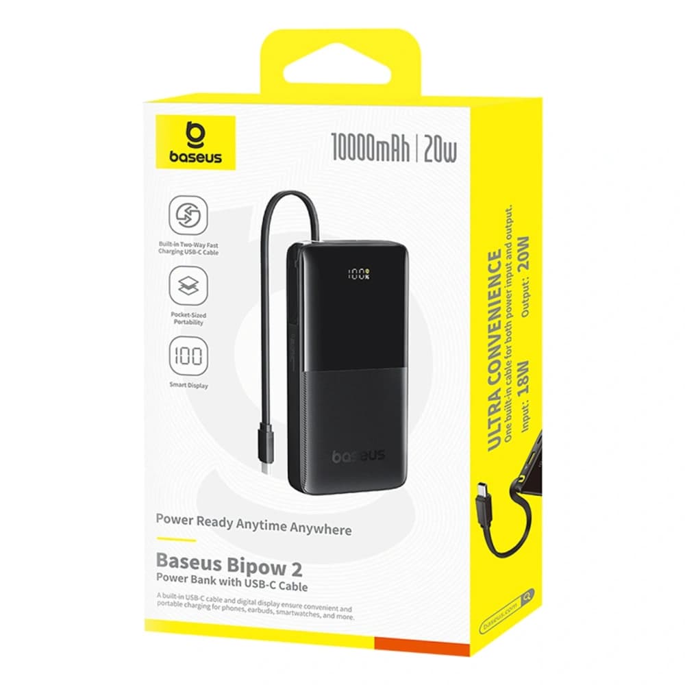 Powerbank Baseus Bipow 2 10000mah 20W z cyfrowym wyświetlaczem + wbudowany kabel USB-C czarny - 7