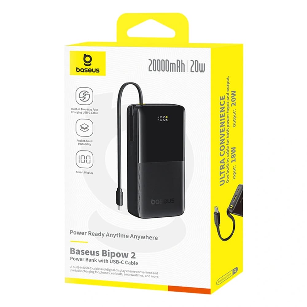Powerbank Baseus Bipow 2 20000mah 20W z cyfrowym wyświetlaczem + wbudowany kabel USB-C czarny - 6