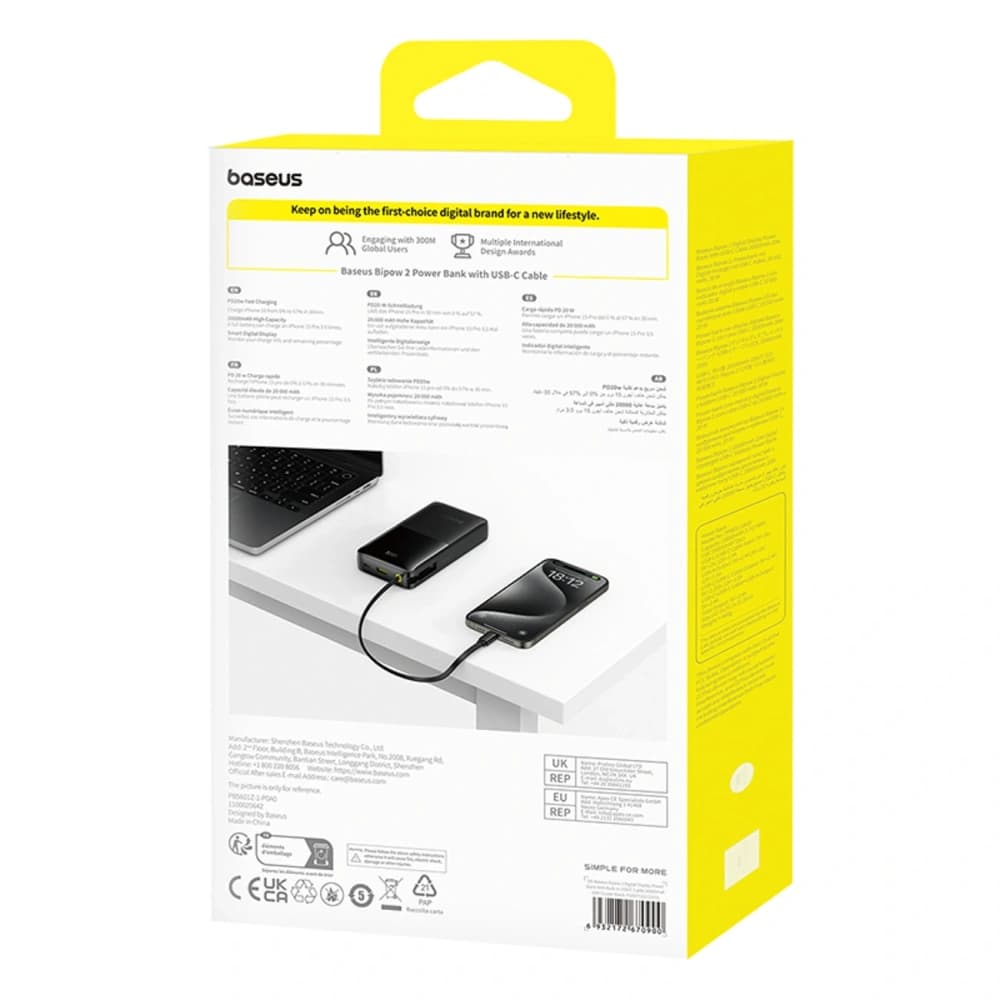 Powerbank Baseus Bipow 2 20000mah 20W z cyfrowym wyświetlaczem + wbudowany kabel USB-C czarny - 7
