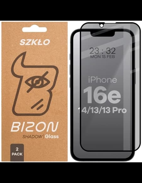 Prywatyzujące szkło hartowane Bizon Glass Edge Shadow Duo do Apple iPhone 16e / 14 / 13 Pro / 13 przyciemniane z czarną ramką [2 PACK]