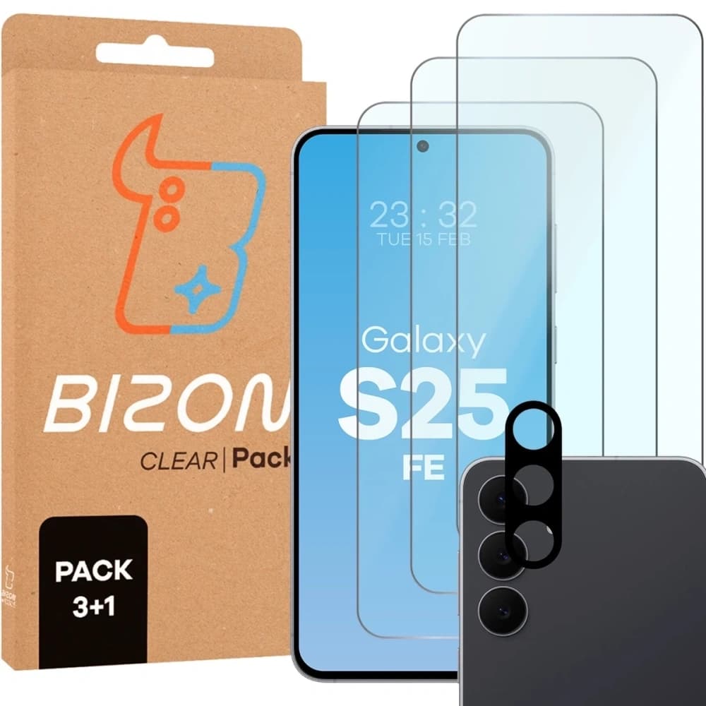 Bizon Glass Clear Pack 3x edzett üveg + kamera lencsevédő Samsung Galaxy S25 FE - 1