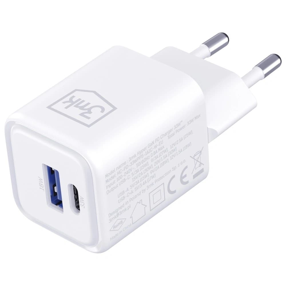 Ładowarka sieciowa 3MK Hyper Charger PD 33W GaN QC4+ PPS AFC FCP SCP USB-A + USB-C biały - 3