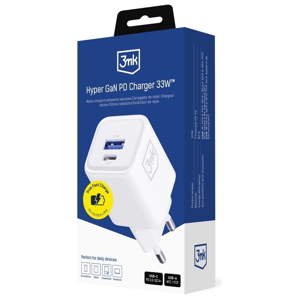 Ładowarka sieciowa 3MK Hyper Charger PD 33W GaN QC4+ PPS AFC FCP SCP USB-A + USB-C biały - 7