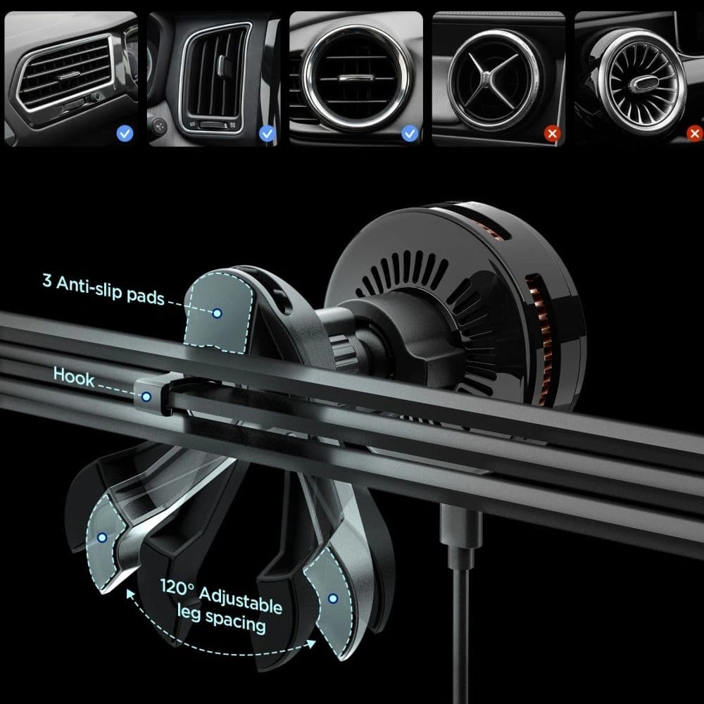 Spigen Essential EV25MFAQ Qi2.2 Peltier mágneses MagSafe szellőző autós tartó vezeték nélküli töltő fekete - 2