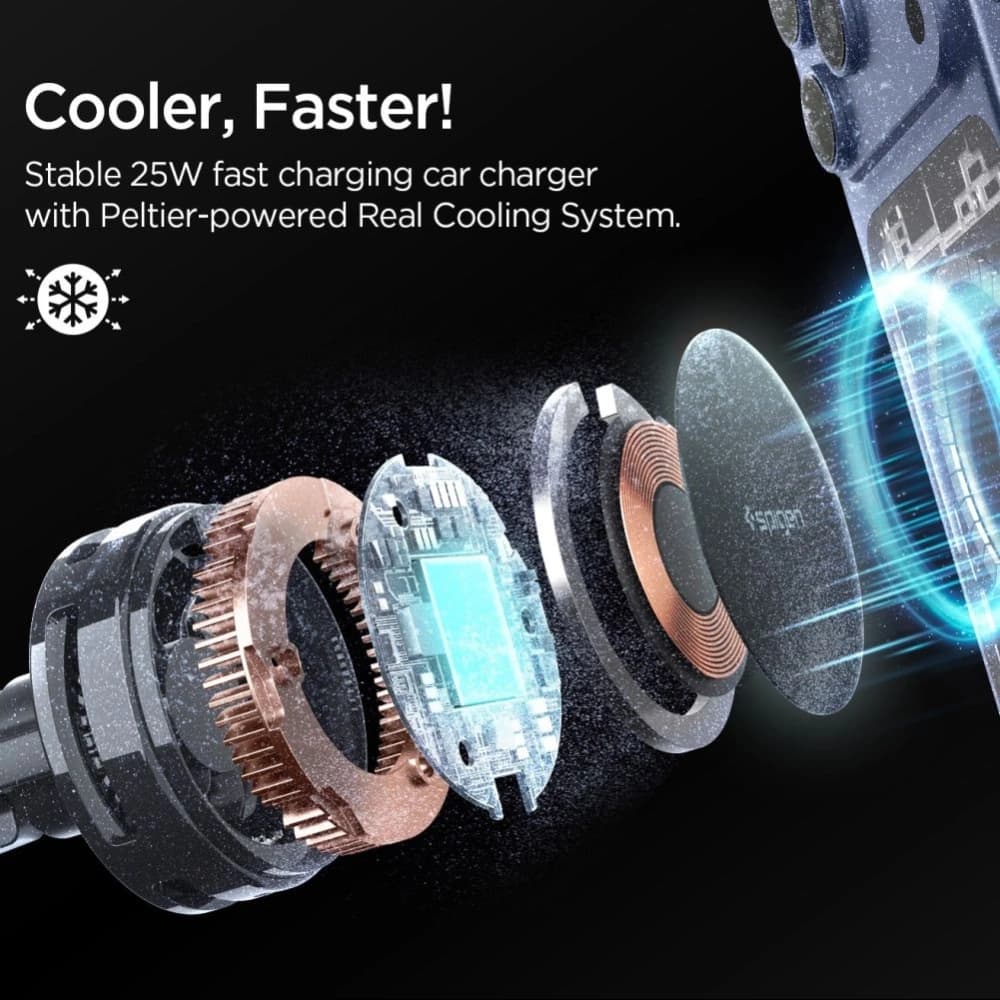 Spigen Essential EV25MFAQ Qi2.2 Peltier mágneses MagSafe szellőző autós tartó vezeték nélküli töltő fekete - 4