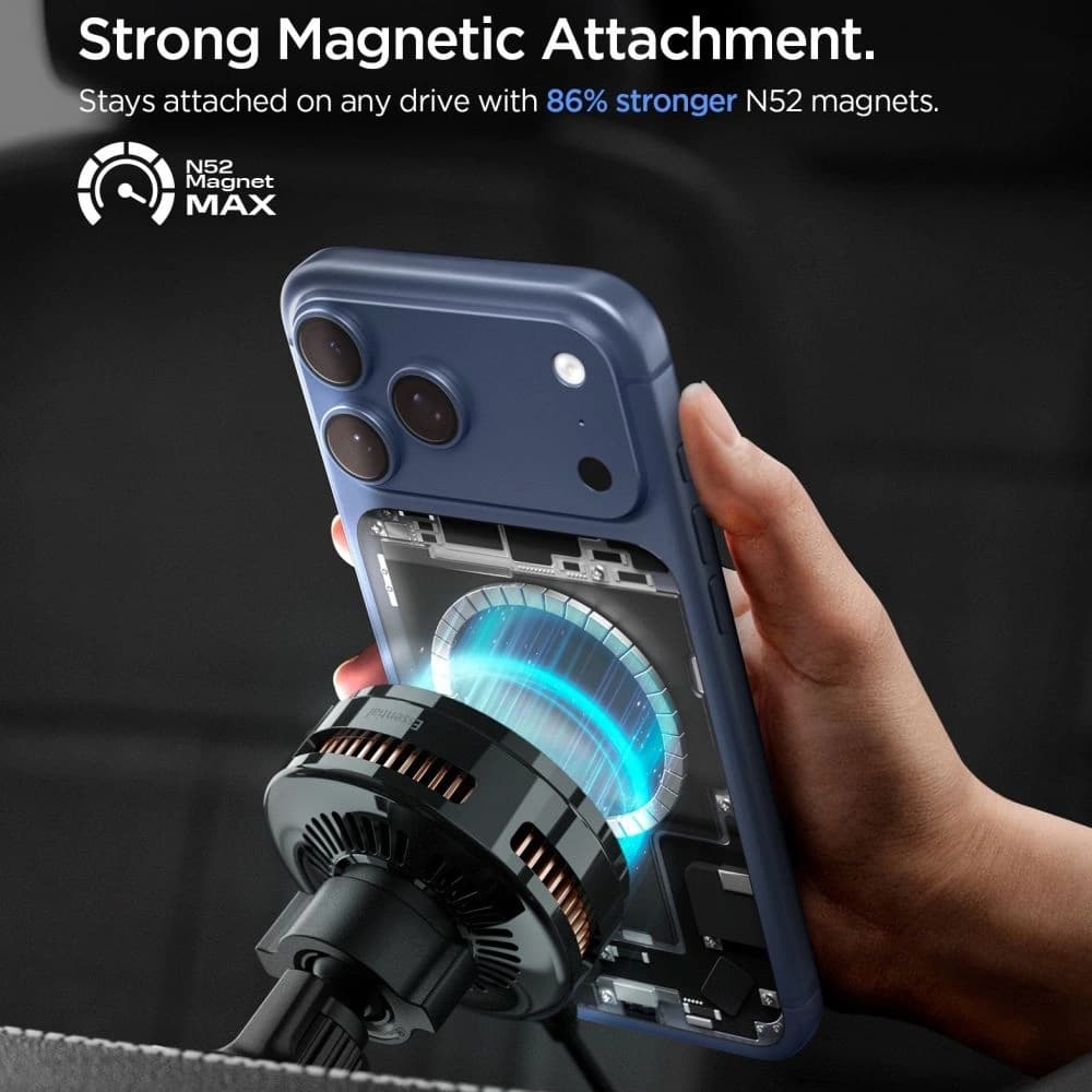 Spigen Essential EV25MFAQ Qi2.2 Peltier mágneses MagSafe szellőző autós tartó vezeték nélküli töltő fekete - 5