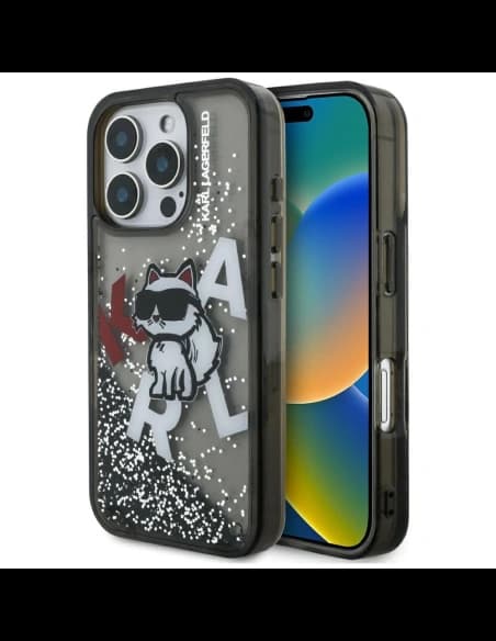 Karl Lagerfeld Glitter lichid Logo Choupette Apple iPhone 16 Pro negru
