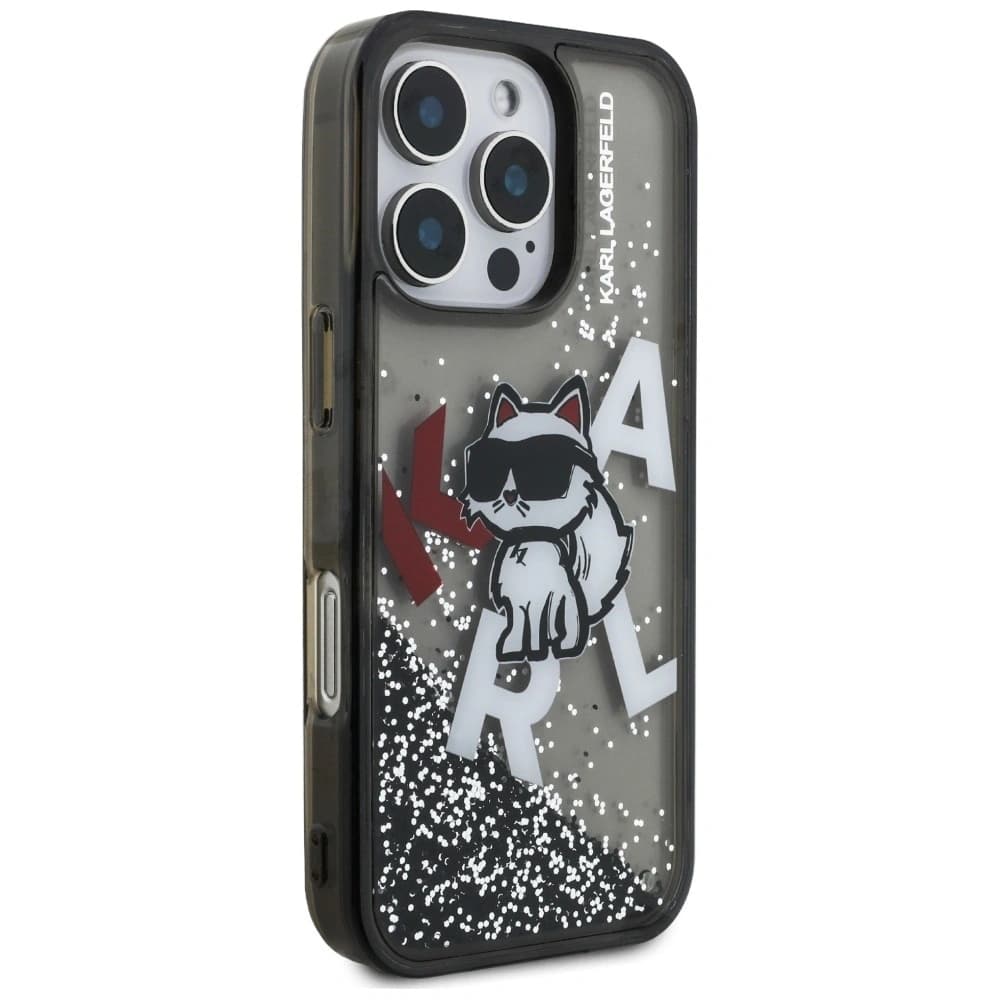 Karl Lagerfeld Glitter lichid Logo Choupette Apple iPhone 16 Pro negru
 - 4
