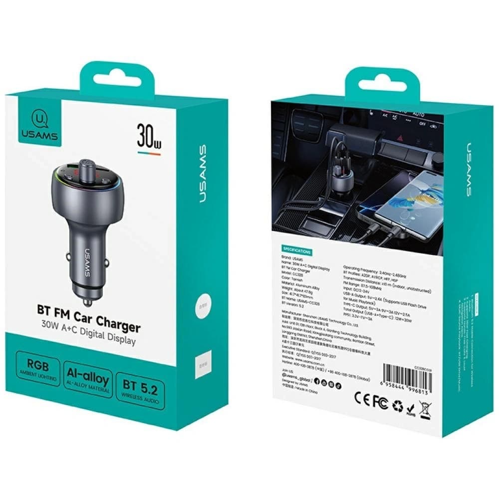USAMS CC328 30W Auto Nabíječka USB-A USB-C Bluetooth FM zoxidovaný
 - 5