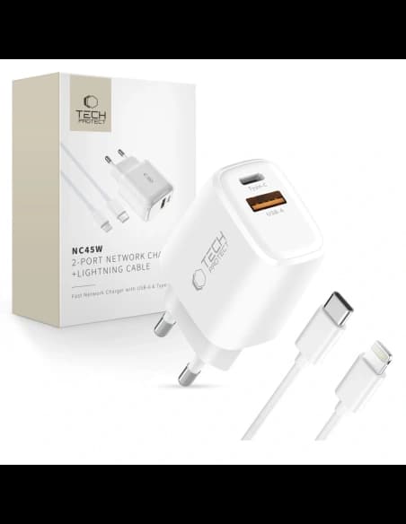 Ładowarka sieciowa Tech-Protect NNC45W-GAN USB-A, USB-C Network Charger PD 45W / QC3.0 + USB-C / Lightning Cable White