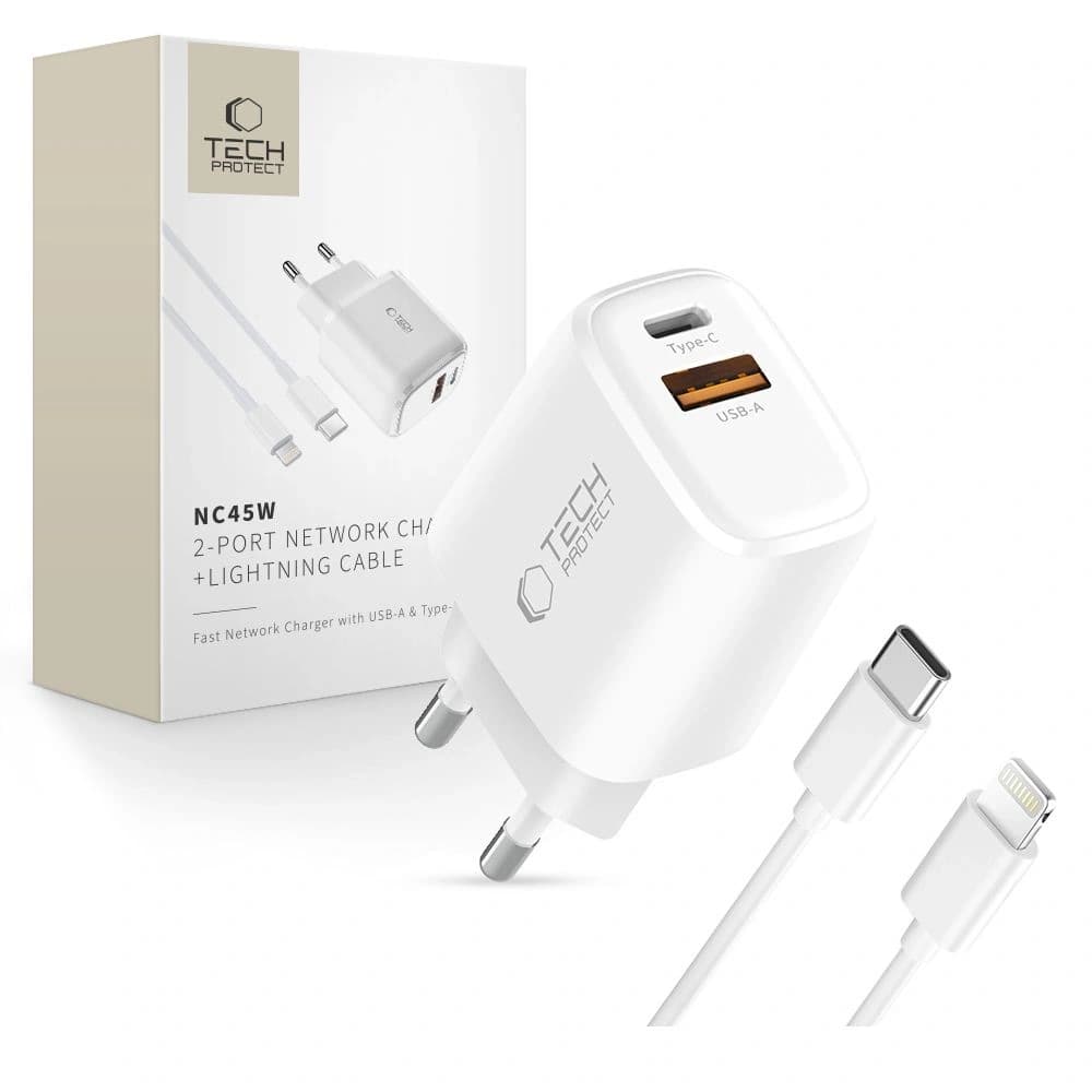 Tech-Protect NNC45W-GAN USB-A, USB-C Netzladegerät PD 45W / QC3.0 + USB-C / Lightning Kabel Weiß
 - 1