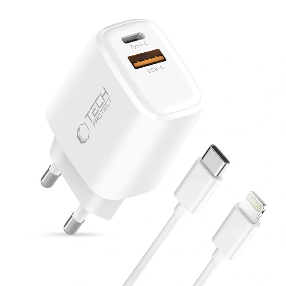 Tech-Protect NNC45W-GAN USB-A, USB-C Netzladegerät PD 45W / QC3.0 + USB-C / Lightning Kabel Weiß
 - 3