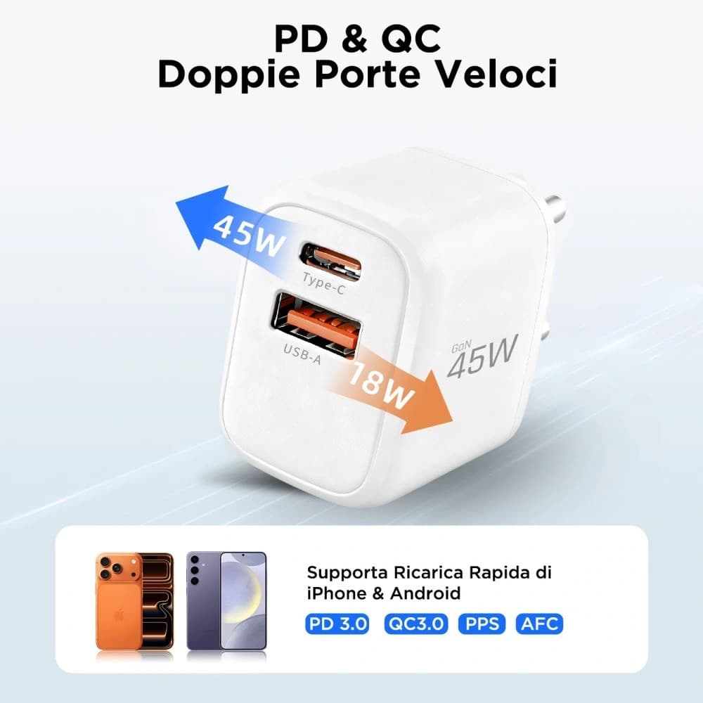 Tech-Protect NNC45W-GAN USB-A, USB-C Netzladegerät PD 45W / QC3.0 + USB-C / Lightning Kabel Weiß
 - 10