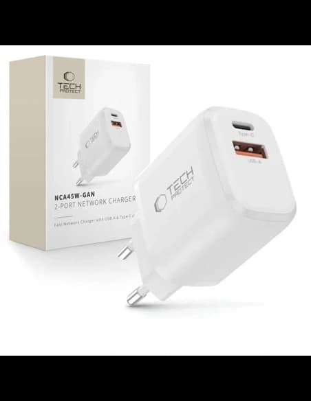 Ładowarka sieciowa Tech-Protect NCA45W-GAN USB-A, USB-C Network Charger PD 45W / QC3.0 White