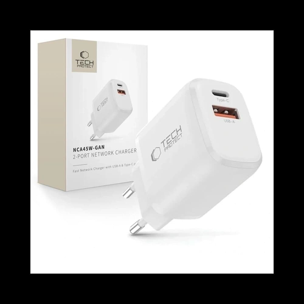 Tech-Protect NCA45W-GAN USB-A, USB-C Síťová Nabíječka PD 45W / QC3.0 Bílý
 - 1