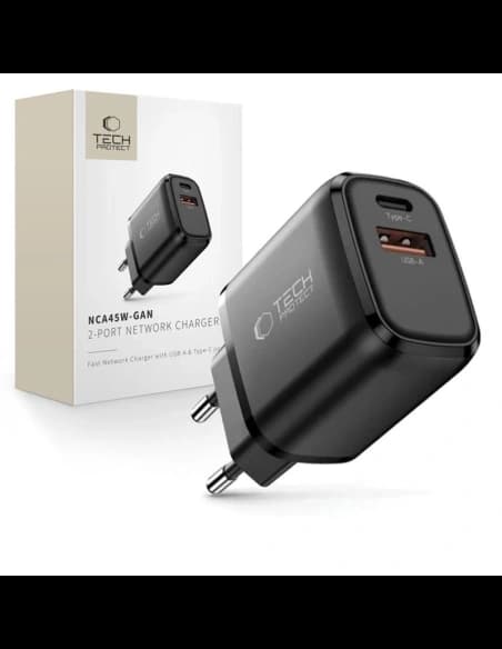 Ładowarka sieciowa Tech-Protect NCA45W-GAN USB-A, USB-C Network Charger PD 45W / QC3.0 Black