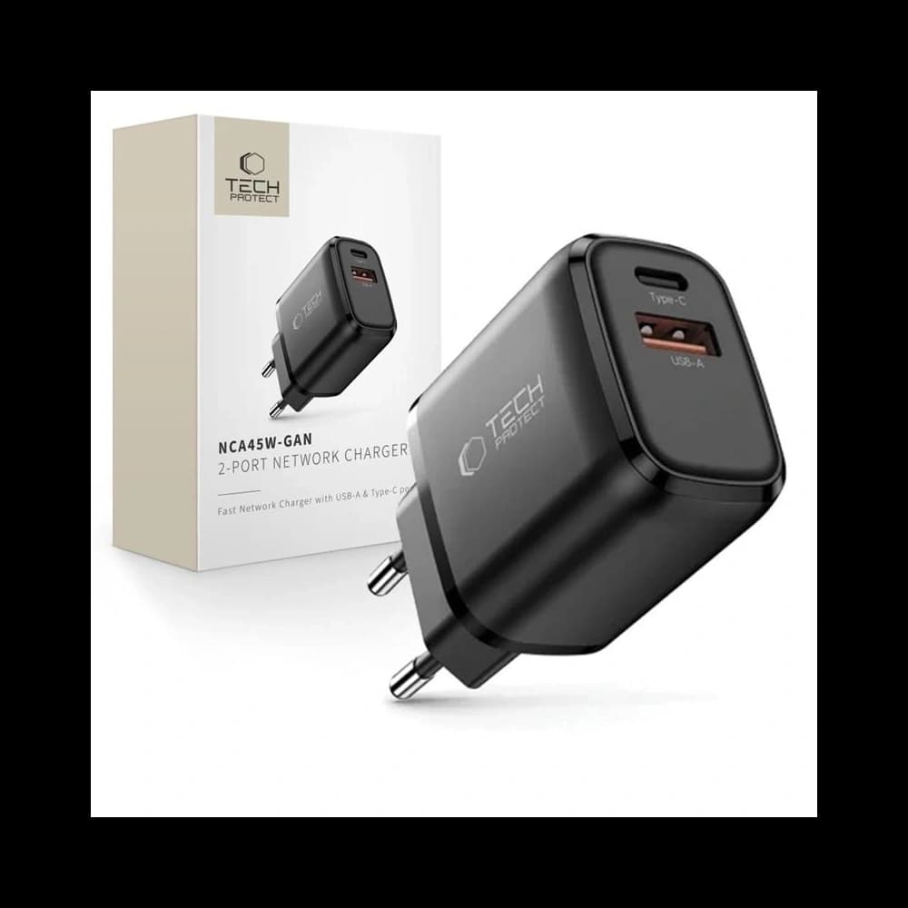 Tech-Protect NCA45W-GAN USB-A, USB-C Netzladegerät PD 45W / QC3.0 Schwarz
 - 1