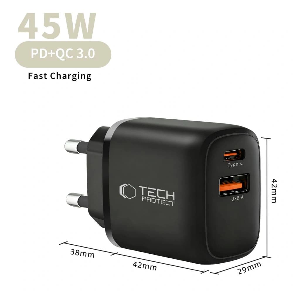 Tech-Protect NCA45W-GAN USB-A, USB-C Netzladegerät PD 45W / QC3.0 Schwarz
 - 6