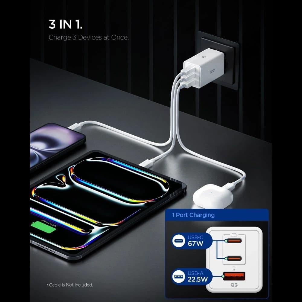 Spigen Essential EE673EU 2xUSB-C, USB-A Hálózati Töltő 67W Fehér
 - 3