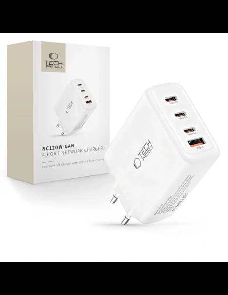 Tech-Protect NC120W-GAN 4-Port Netzwerk-Ladegerät PD 120W / QC3.0 Weiß
