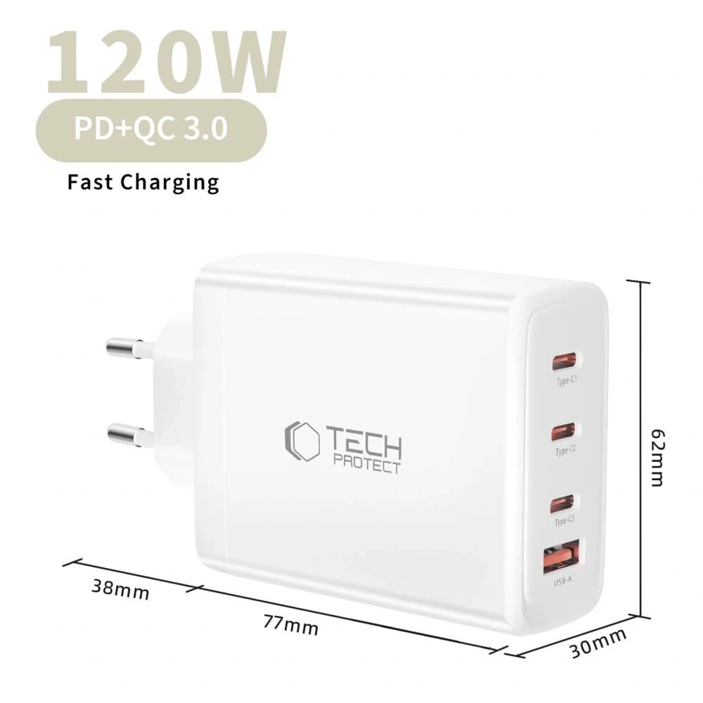 Tech-Protect NC120W-GAN 4-portos Hálózati Töltő PD 120W / QC3.0 Fehér
 - 5