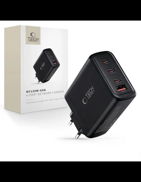 Tech-Protect NC120W-GAN 4-portos Hálózati Töltő PD 120W / QC3.0 Fekete
