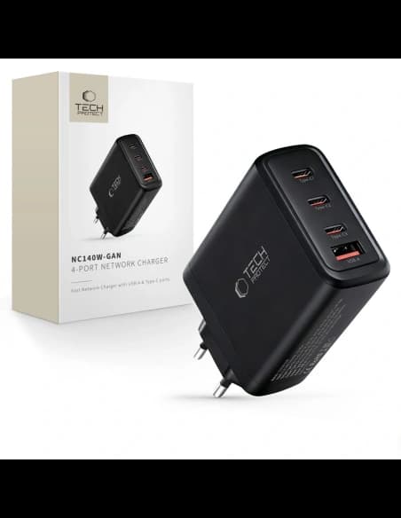 Tech-Protect NC140W-GAN 4-portos Hálózati Töltő PD 140W / QC3.0 Fekete
