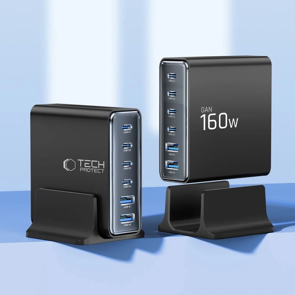 Tech-Protect DC160W-GAN 6-portos Asztali Töltő PD 160W / QC3.0 Fekete
 - 3