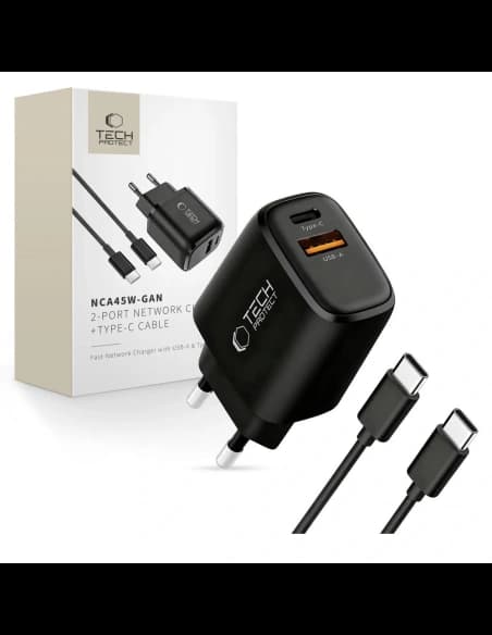 Tech-Protect NCA45W-GAN USB-A, USB-C Hálózati Töltő PD 45W / QC3.0 + USB-C Kábel Fekete
