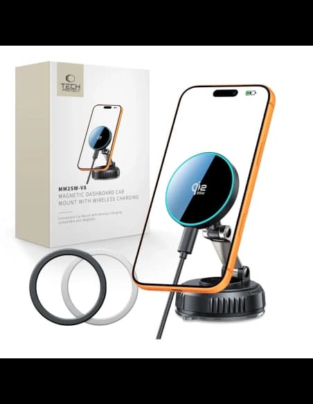 Tech-Protect MM25W-V8 Qi2.2 Mágneses MagSafe Szélvédő & Műszerfal Autós Tartó Vezeték nélküli Töltő 25W Fekete
