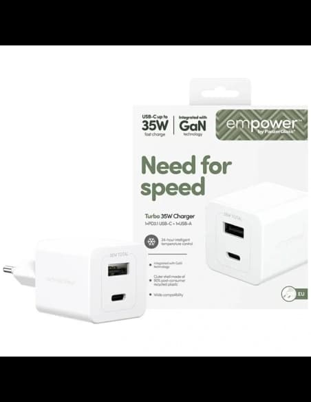 Empower by PanzerGlass Turbo 35W USB-A, USB-C Ezüst-Fehér Fali Töltő
