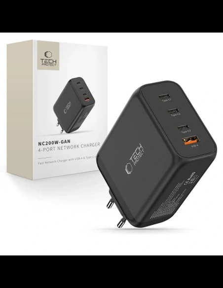 Tech-Protect NC200W-GAN 4-portos Hálózati Töltő PD 200W / QC3.0 Fekete
