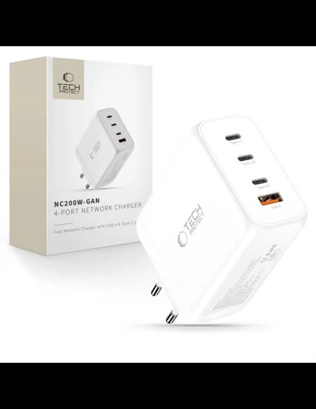 Tech-Protect NC200W-GAN 4-portos Hálózati Töltő PD 200W / QC3.0 Fehér

