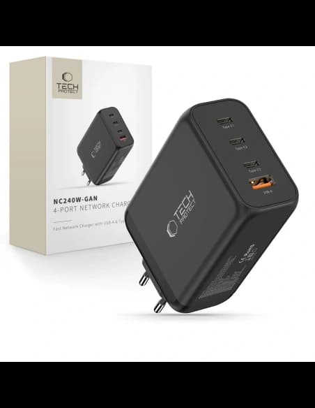 Tech-Protect NC240W-GAN 4-portos Hálózati Töltő PD 240W / QC3.0 Fekete
