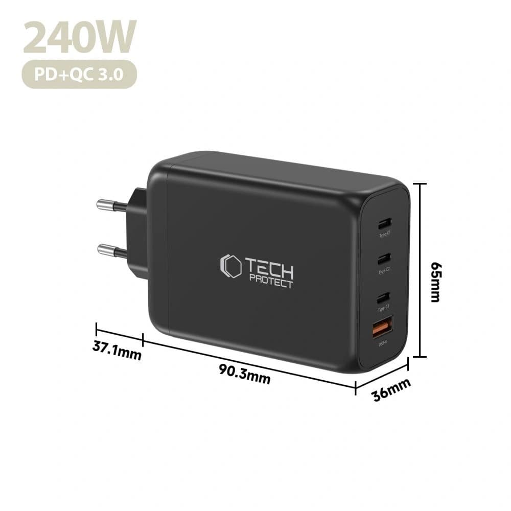 Tech-Protect NC240W-GAN Încărcător de rețea cu 4 porturi PD 240W / QC3.0 Negru
 - 5