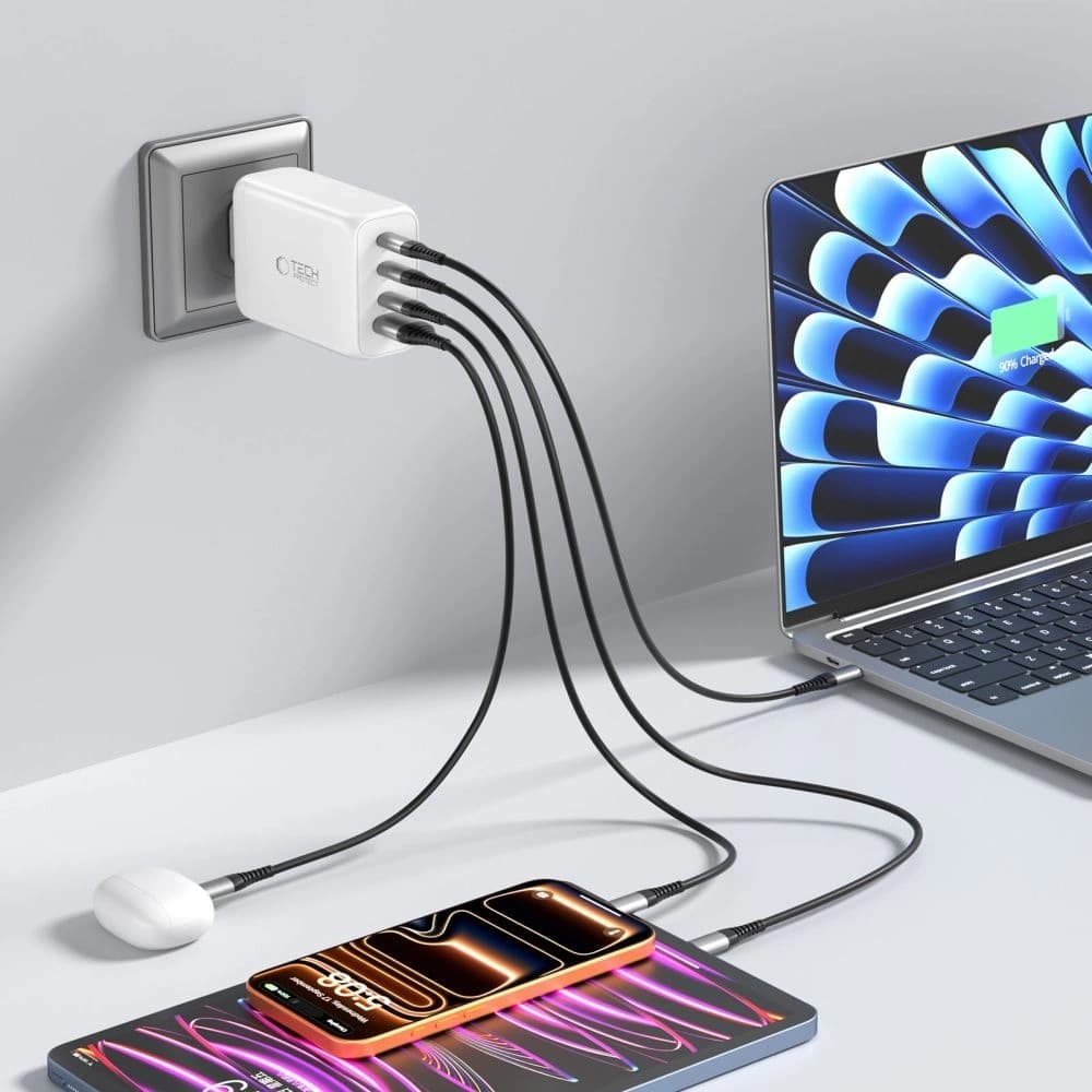 Tech-Protect NC240W-GAN 4-portos Hálózati Töltő PD 240W / QC3.0 Fehér
 - 7