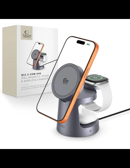 Tech-Protect QI2.2-25W-A48 3in1 Mágneses MagSafe Vezeték nélküli Töltő Sötétszürke
