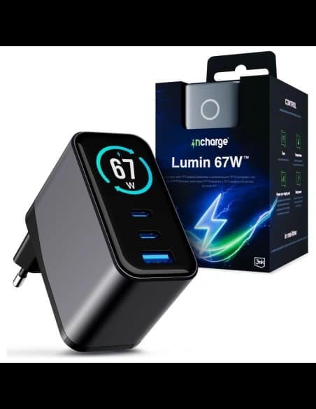 3MK InCharge Lumin PD 67W QC4+ PPS AFC FCP SCP USB-A 2xUSB-C TFT kijelzővel fekete

