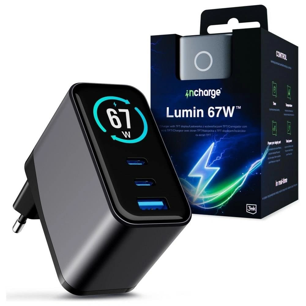 3MK InCharge Lumin PD 67W QC4+ PPS AFC FCP SCP USB-A 2xUSB-C TFT kijelzővel fekete
 - 1
