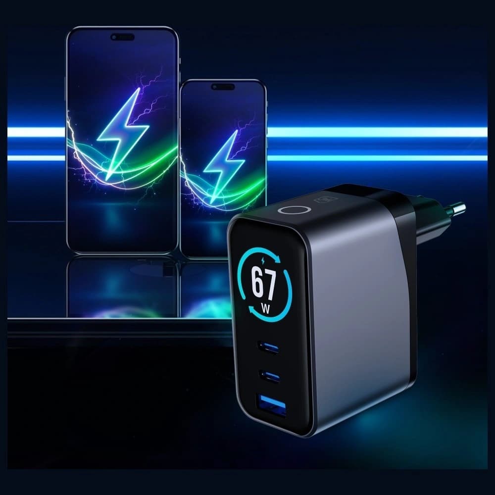 3MK InCharge Lumin PD 67W QC4+ PPS AFC FCP SCP USB-A 2xUSB-C TFT kijelzővel fekete
 - 5