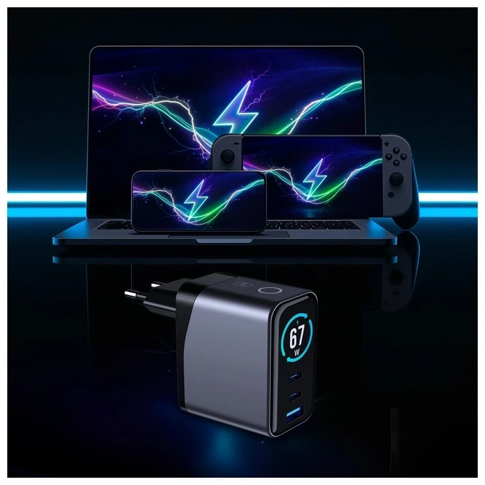 3MK InCharge Lumin PD 67W QC4+ PPS AFC FCP SCP USB-A 2xUSB-C TFT kijelzővel fekete
 - 7