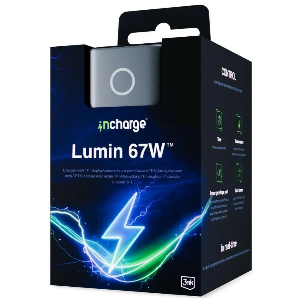 3MK InCharge Lumin PD 67W QC4+ PPS AFC FCP SCP USB-A 2xUSB-C TFT kijelzővel fekete
 - 9