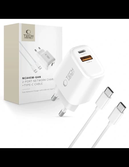 Tech-Protect NCA45W-GAN USB-A, USB-C hálózati töltő PD 45W / QC3.0 + USB-C kábel, Fehér
