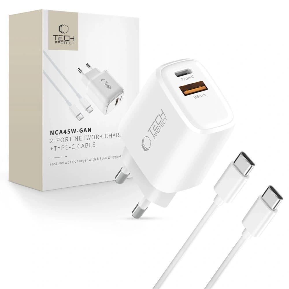 Tech-Protect NCA45W-GAN USB-A, USB-C Netzladegerät PD 45W / QC3.0 + USB-C Kabel Weiß
 - 1