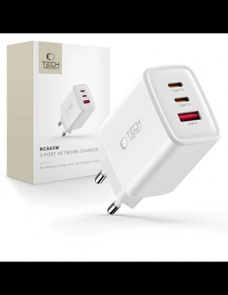 Tech-Protect NCA65W-GAN USB-A, 2xUSB-C hálózati töltő PD 65W / QC3.0, Fehér
