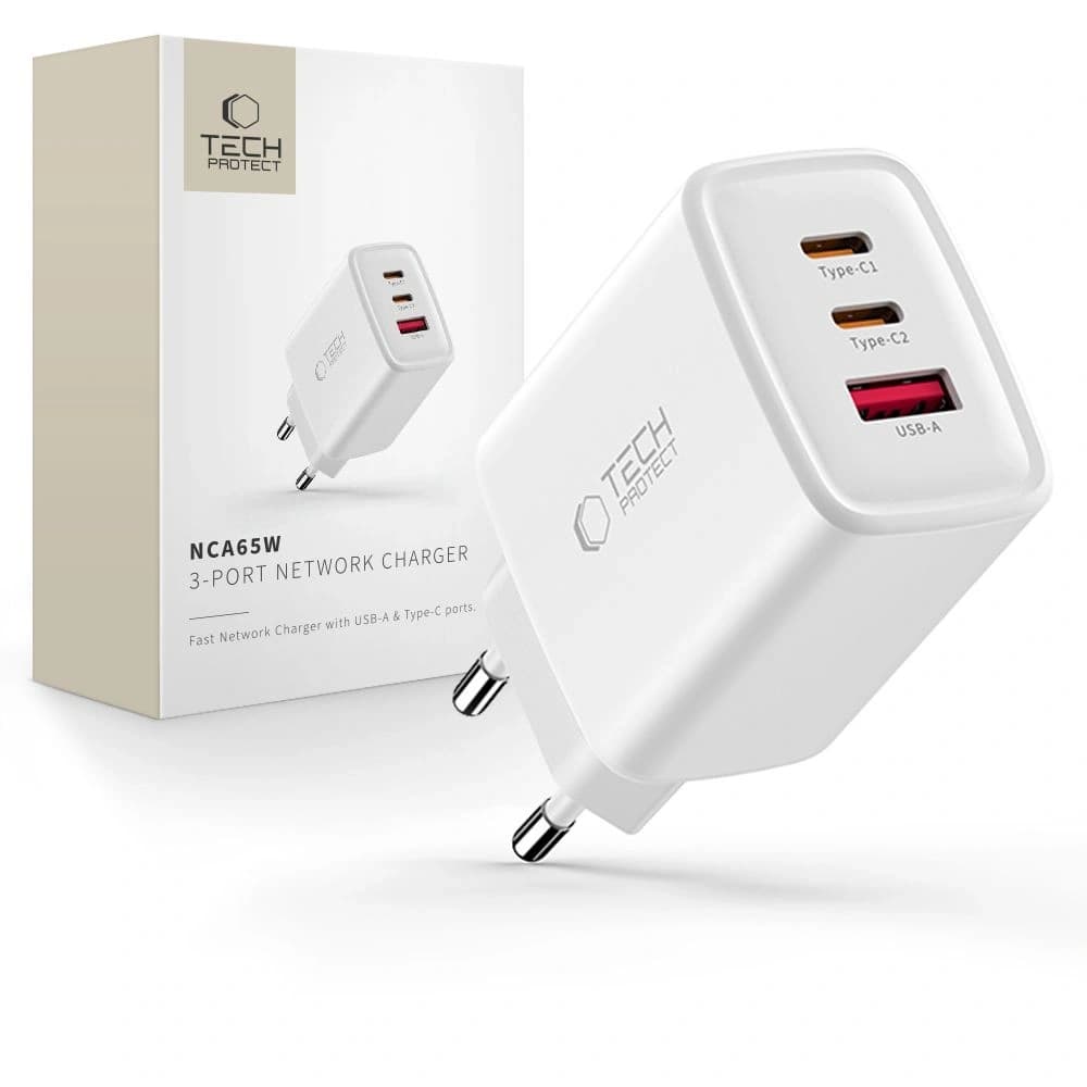 Tech-Protect NCA65W-GAN USB-A, 2xUSB-C hálózati töltő PD 65W / QC3.0, Fehér
 - 1
